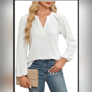 Elegant Dressy White Women's V Neck Blouse Size Large